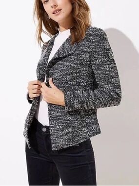 LOFT black and white boucle open front textured cardigan jacket